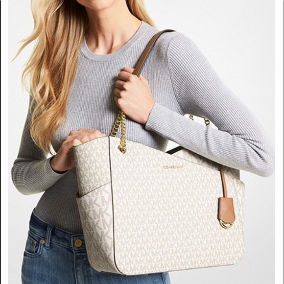 MICHAEL KORS LARGE X CHAIN SHOULDER TOTE BAG VANILLA SIGNATURE - Picture 3 of 16